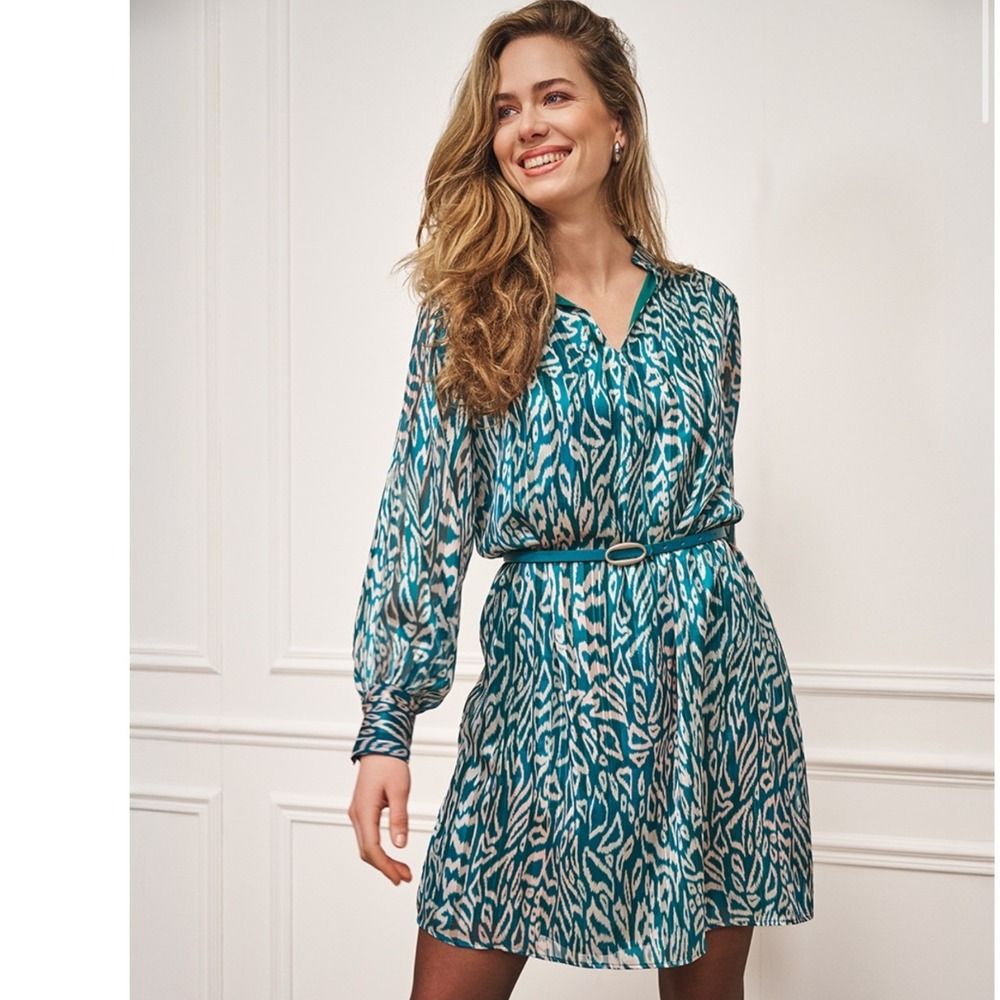 Esqualo Glow Belted Dress Ikat Print Metallic Teal Silver Party Size 12 NEW